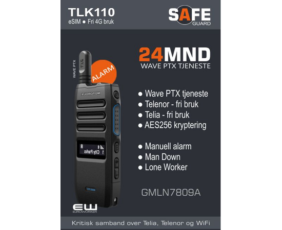 Motorola varekode: GMLN7809A
TLK110 abonnement
Type: Safeguard
24 mnd Wave PTX Tjeneste
Telenor dekning - fri bruk
Telia dekning - fri bruk
WiFi roaming
Alarm ManDown og LoneWorker mm
Ingen bindingstid